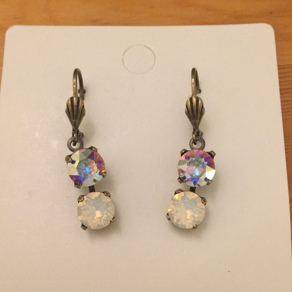 Antique Brass Aurora Borealis + White Opal Crystal Drop Earrings - Picture 2 of 5
